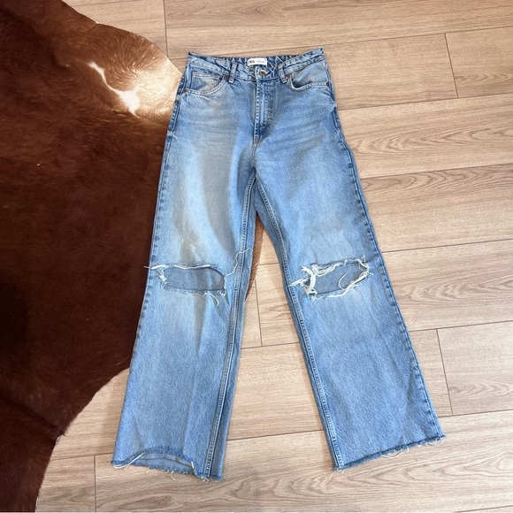 Zara Sky Blue Ripped Wide Leg Jeans - Picture 2 of 7